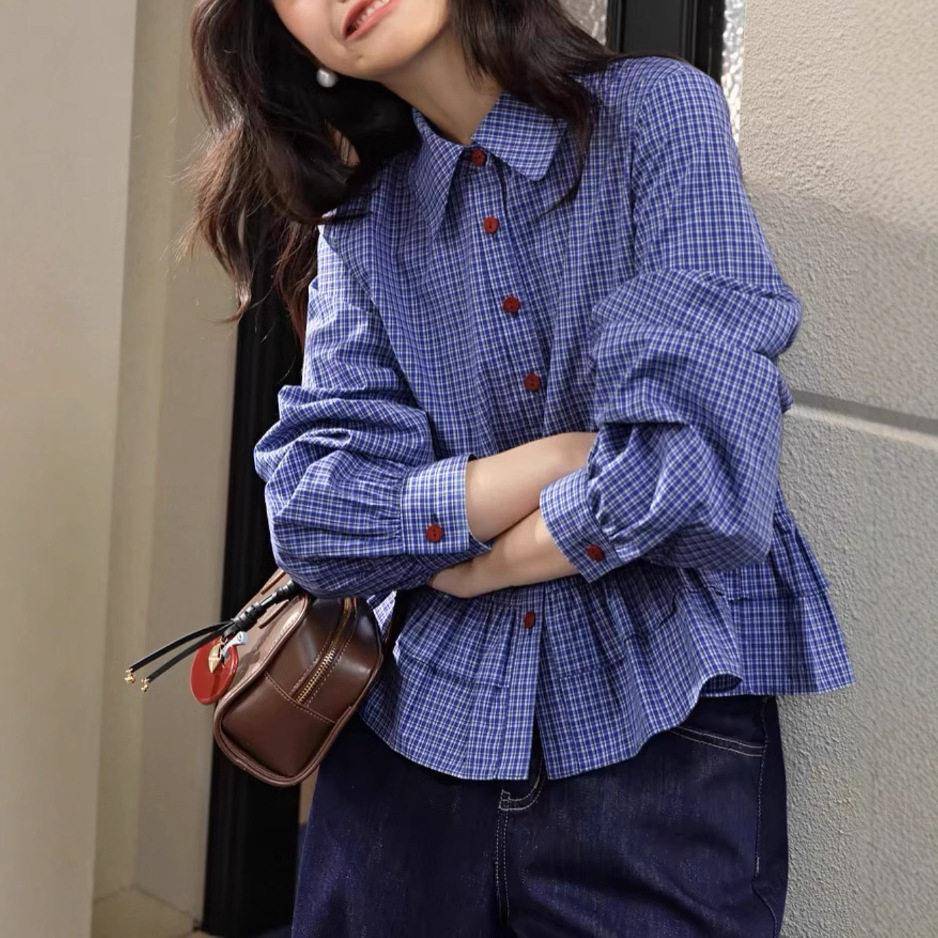miu系蓝色格子衬衫女2026春季新款荷叶边长袖衬衣上衣短款秋