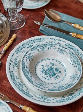 LID Home古典玫瑰釉下彩覆古陶餐具碗咖啡杯碟组餐盘子茶杯草绿色