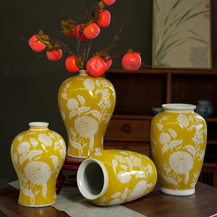 新中式花瓶轻奢高档陶瓷彩绘插花花瓶复古客厅玄关摆件富贵黄兰