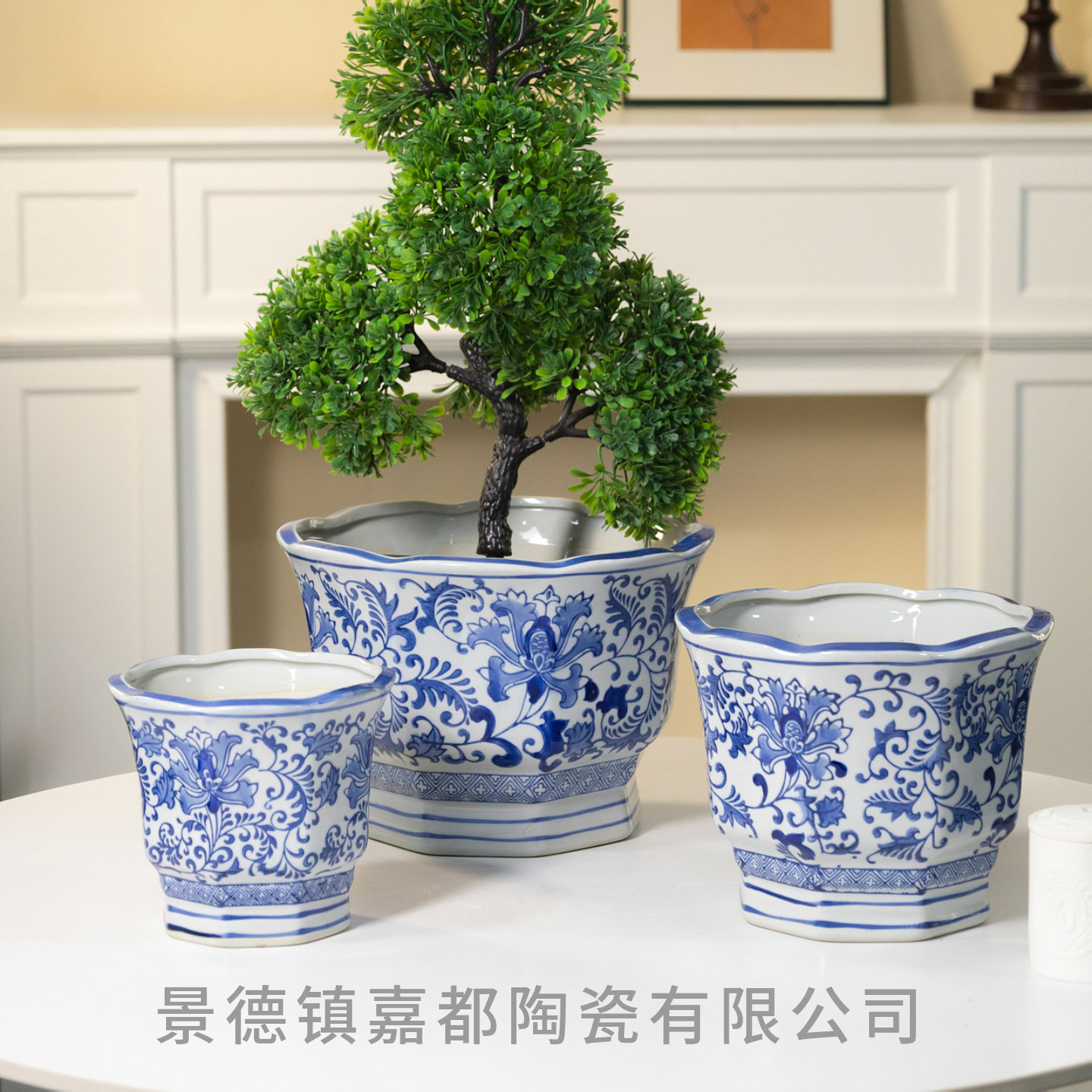景德镇青花瓷八方花盆三件套