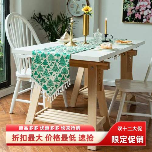 跨境中式优质盖布烫金喜庆新款圣诞节流苏桌旗棉麻布艺现货HOT