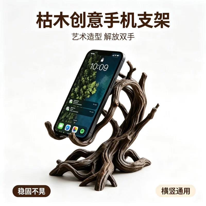 3D打印根雕风手机支架办公室桌面创意摆件手机架治愈系办公神