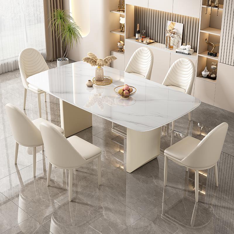 奶油风岩板餐桌椅组合白色现代简约家用小户型客厅轻奢长方形饭桌