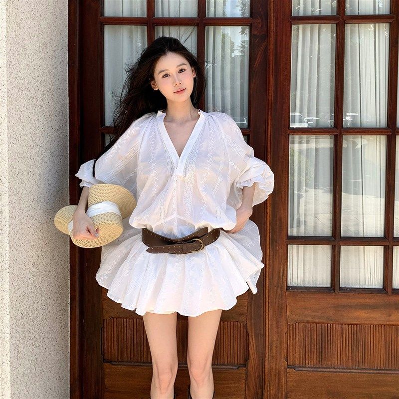 Lienni2025夏季新款百x搭宽松显瘦长袖刺绣提花拼接裙摆衬衫裙女