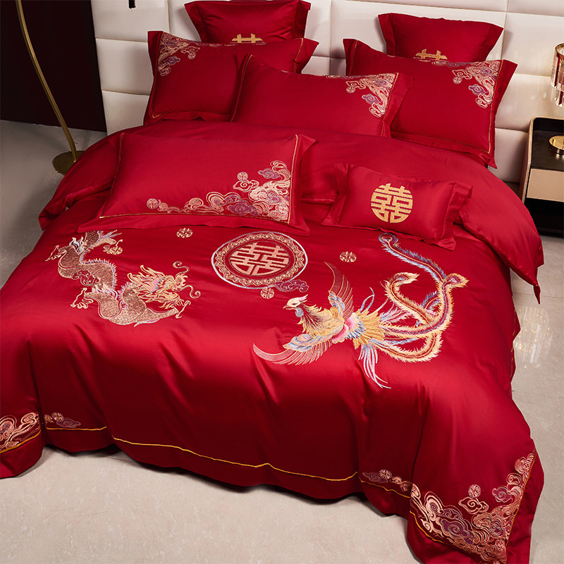 龙凤婚庆四件套1m00支长绒棉大红色全棉结婚喜被床上用品4,床上用品,婚庆床品套件,淘宝优惠券,粉丝福利购,淘宝优惠卷