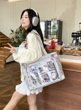 大食量蕾丝痛包单肩绿色系透明隔层谷F子大肠包丝带斜挎大容量挎