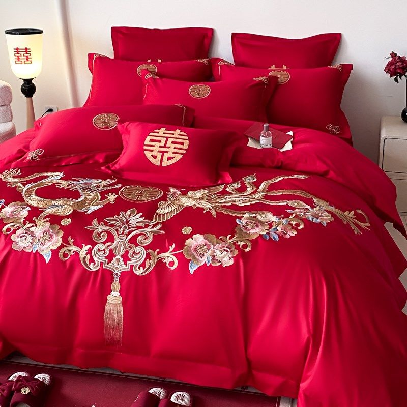 中式龙凤刺绣婚庆四件套全棉被套D大红色陪嫁送礼结婚床上用品,床上用品,婚庆床品套件,淘宝优惠券,粉丝福利购,淘宝优惠卷