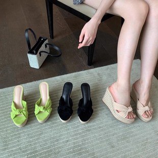 黑色松糕厚底一字拖鞋古早草编坡跟凉H拖鞋女夏防水台高跟凉鞋外