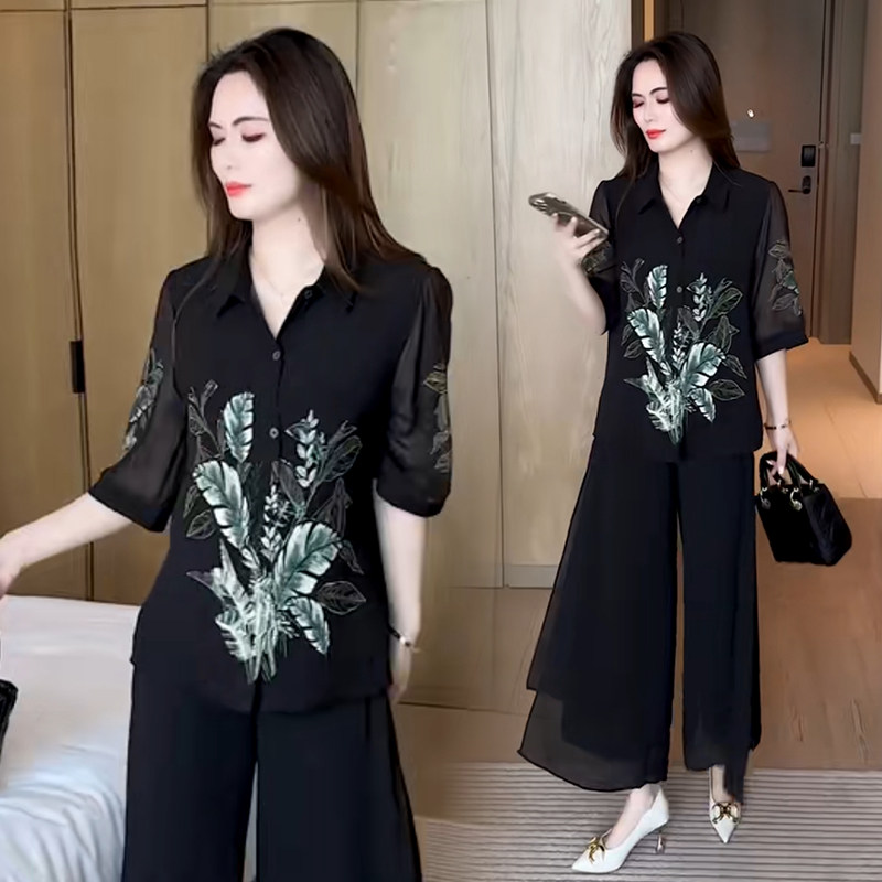 夏季时尚气质套装女2025今年流行新款高级感雪纺衬衫阔腿裤两件套