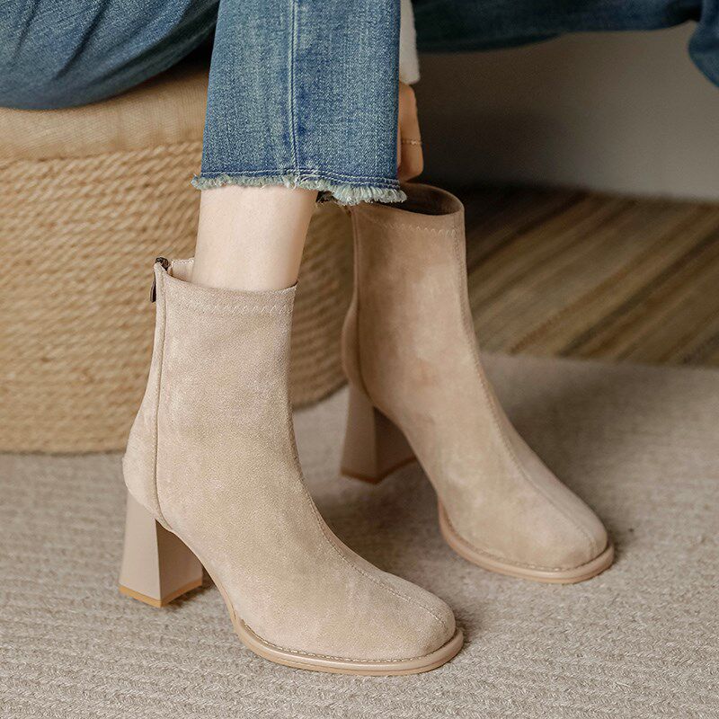 法式裸色绒面粗跟方m头短靴女中跟高跟鞋5厘米7cm秋冬加绒单瘦瘦