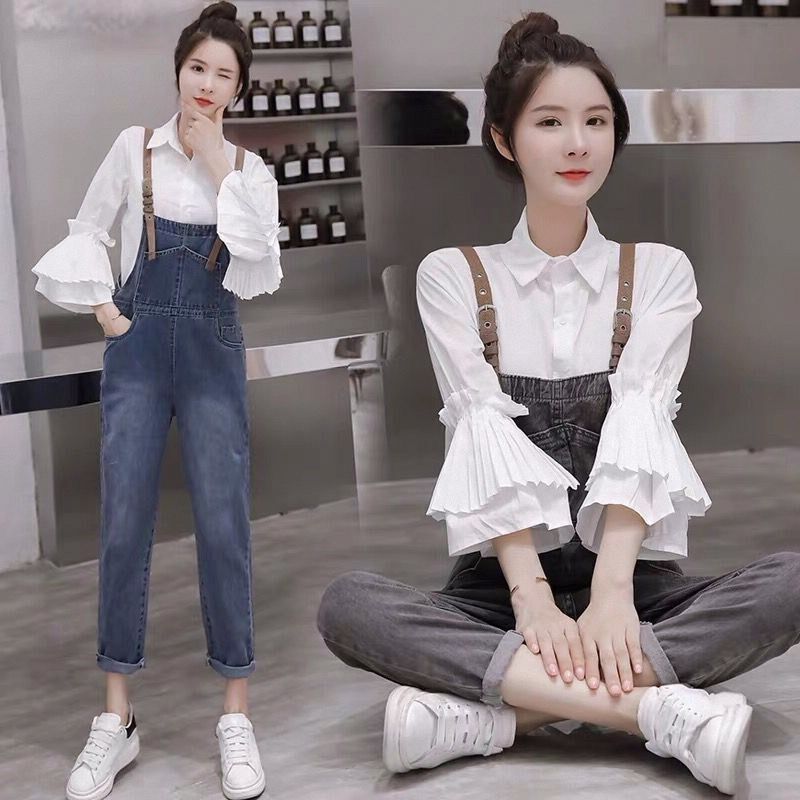单件/套装牛仔背带裤女2024韩版宽松九分裤+打底衫U新款两件套春