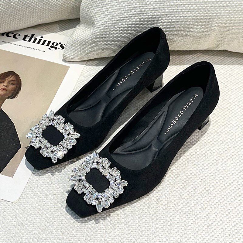 绒面粗跟黑色职业高跟鞋女冬20y25百搭方头浅口水钻5cm工作单鞋女