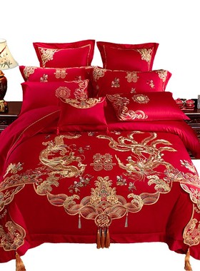 婚庆四件套1.h8米刺绣龙凤百子图十件套大红色结婚六件套床上用品