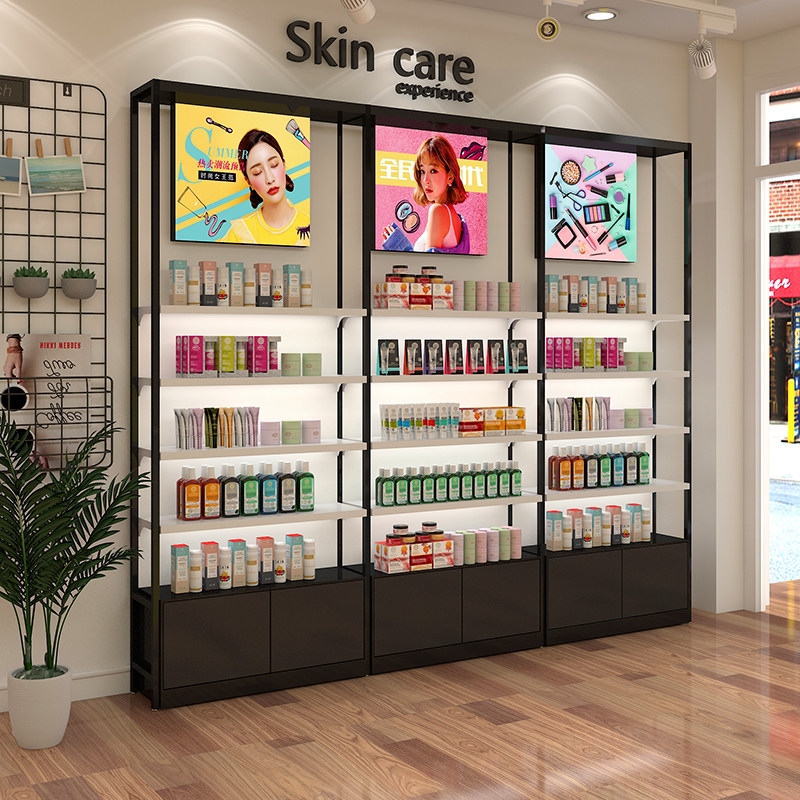 化妆品背柜展示柜架带p灯护肤烤漆高柜现代简约美容院产品展柜货