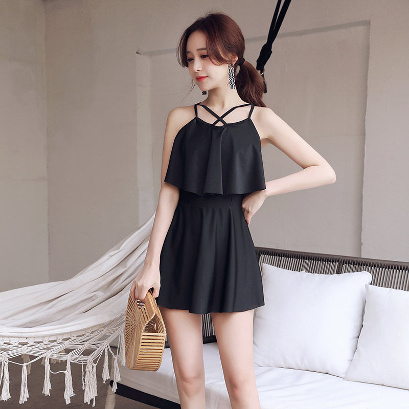 新款纯色连体泳衣女显q瘦遮肚保守裙式平角美背少女游泳衣泡温泉