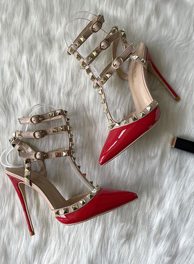 惊艳红色漆皮中空l铆钉脚环三带搭扣街拍走秀表演宴会男女式高跟