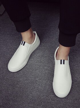 白色男鞋一d脚蹬皮面男鞋无鞋带防水板鞋休闲鞋英伦皮鞋懒汉鞋黑