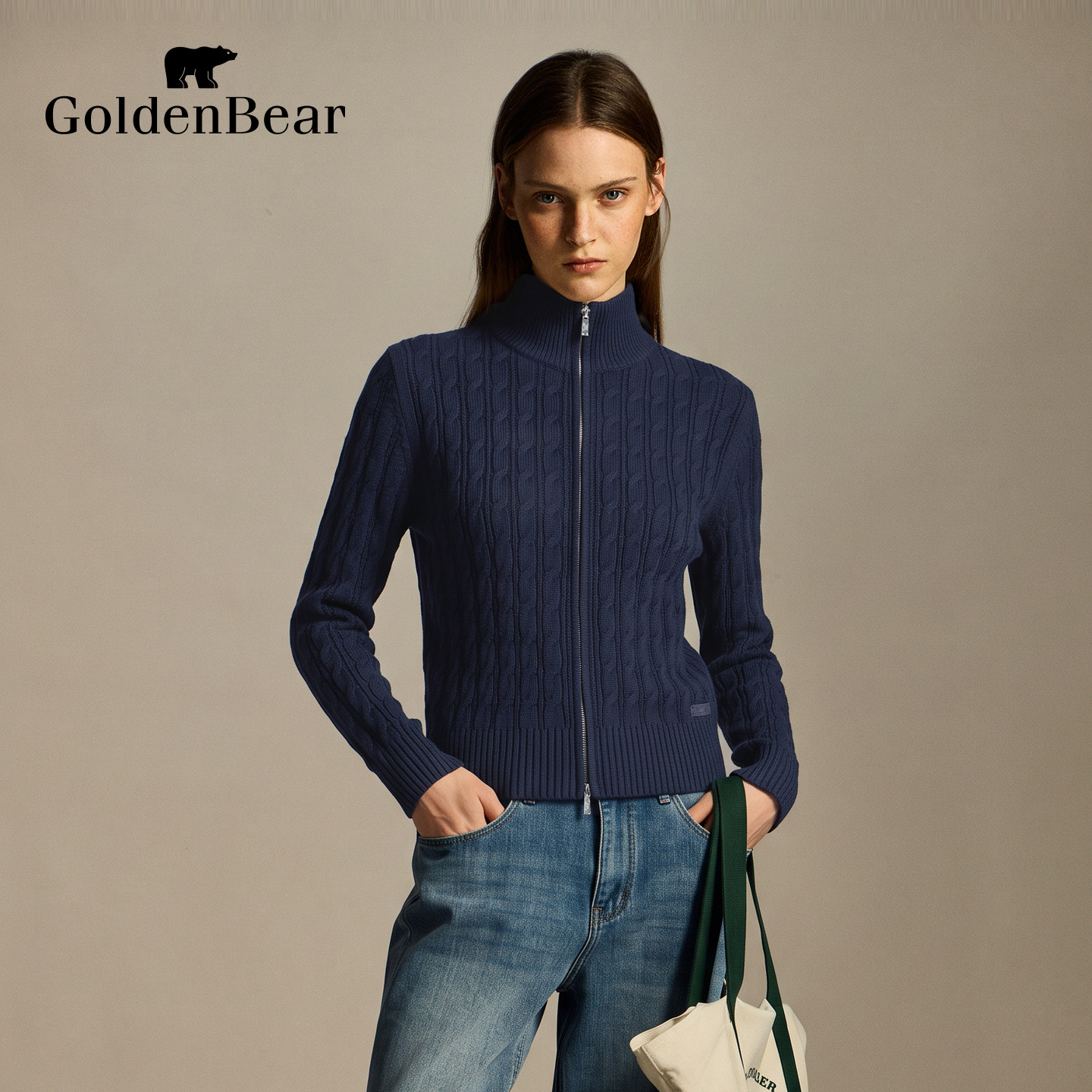 【含绵羊毛】GOLDEN BEAR/金熊26秋季女士绞花立领长袖针织开衫