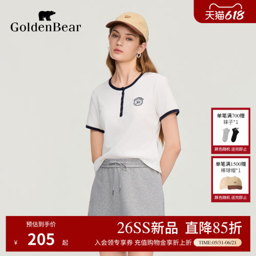 GOLDEN BEAR女装2026春夏新品女式短袖圆V领T恤
