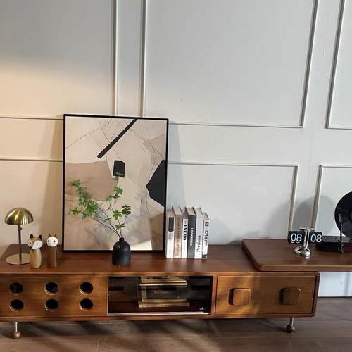 客厅电视柜小户型伸缩实木收纳柜组合法式复古家用中古落地柜