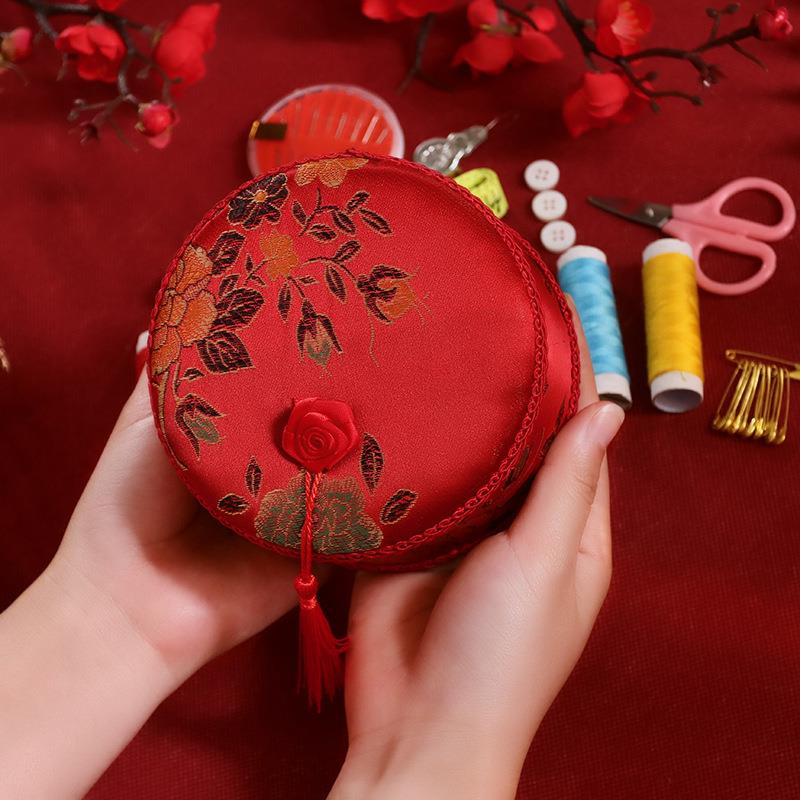 结婚针线盒婚庆家用针线包锦缎圆形收纳盒套装婚庆陪嫁用品大全