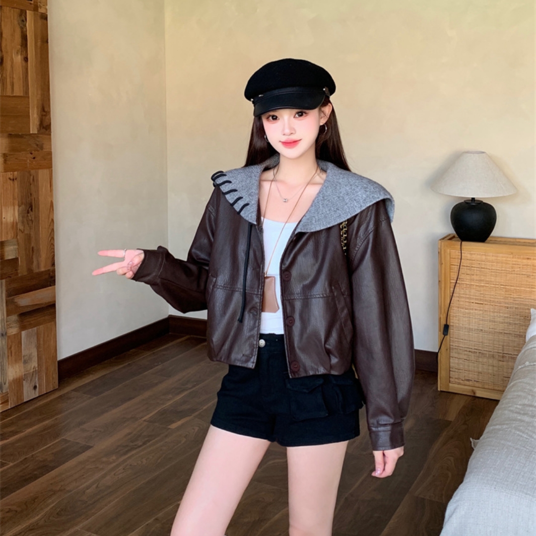 秋冬新款设计感海军领皮衣夹克女小个子休闲显瘦短款外套