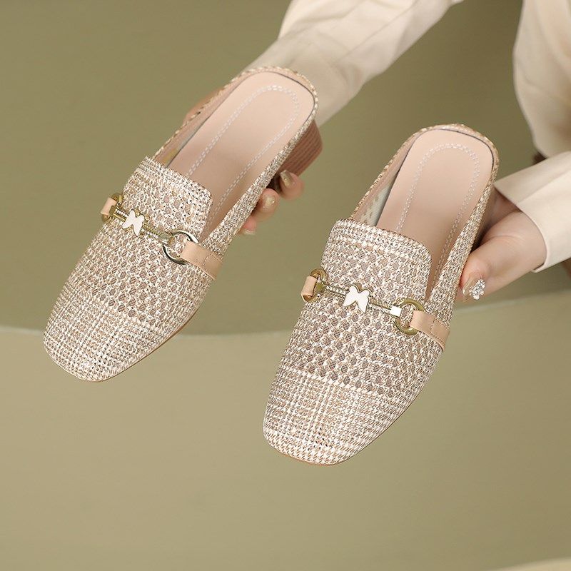 包头半拖鞋女外穿夏季新款镂空透气网纱水钻女鞋T平底妈妈鞋凉拖,女鞋,包头拖,淘宝优惠券,粉丝福利购,淘宝优惠卷