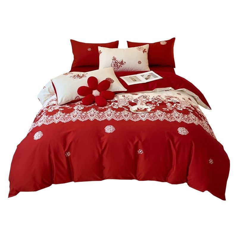 中式简约结婚四件套大红色新A婚床单被套婚庆床上用品婚房陪嫁,床上用品,婚庆床品套件,淘宝优惠券,粉丝福利购,淘宝优惠卷