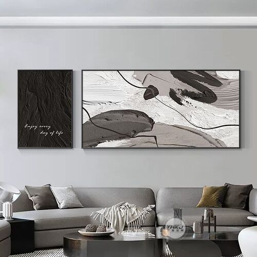 侘寂风黑白肌理客厅装饰画抽象高级D感沙发背景墙挂画现代简约壁