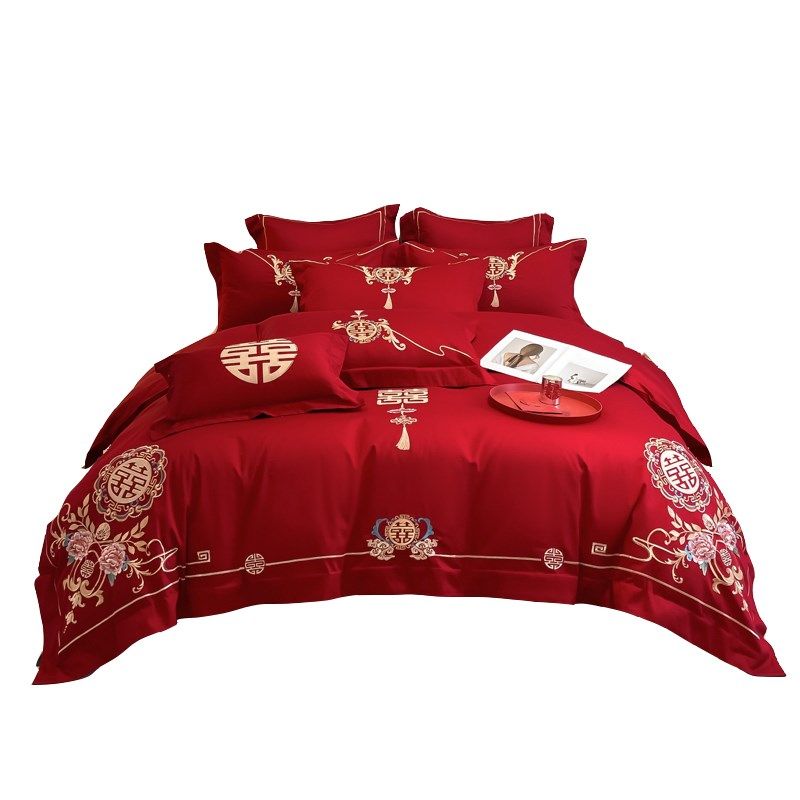 160支长绒棉结婚四件套陪嫁被套红色全棉床单Y新婚庆床品8,床上用品,婚庆床品套件,淘宝优惠券,粉丝福利购,淘宝优惠卷