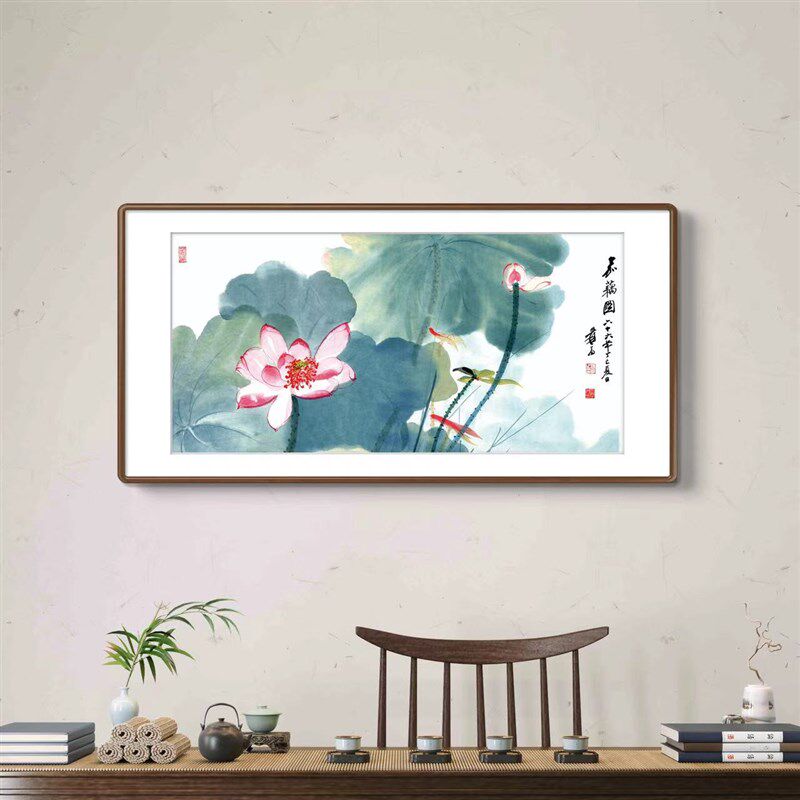 张大千嘉b藕图 客厅沙发背景墙办公室卧室中式挂画实木框包邮