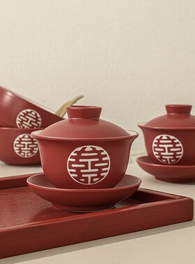 TOYOU 结婚新人改口敬茶杯陪嫁喜碗喜杯碗筷套装红色对碗对杯婚庆