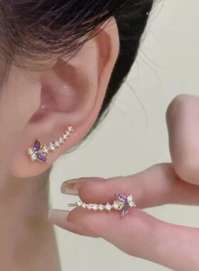 超仙紫色锆石蝴蝶耳排耳环女小众设计精致百搭耳针高级感个性耳饰