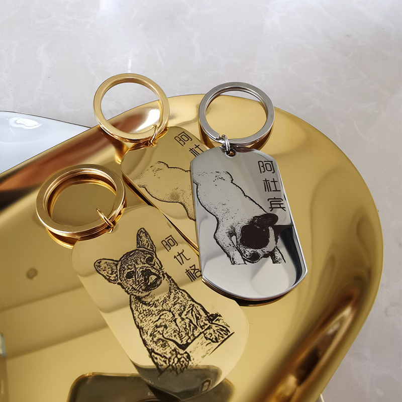 diy刻字定制照片方形钛钢钥匙扣挂件吊坠宠物猫狗狗头像纪念礼物