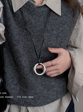 秋冬百搭几何圆环吊坠项链女配饰长款毛衣链锁骨链颈链首饰卫衣链
