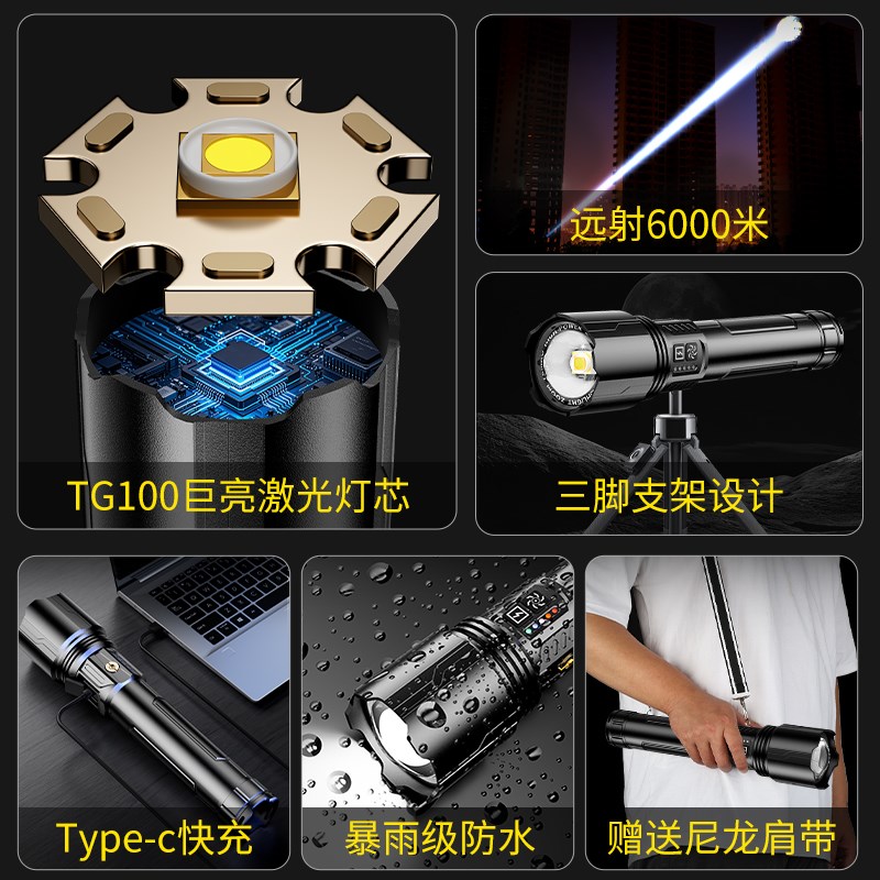 手电筒2025新款强光充电式超长续航大容量超亮户外家用耐用大功率