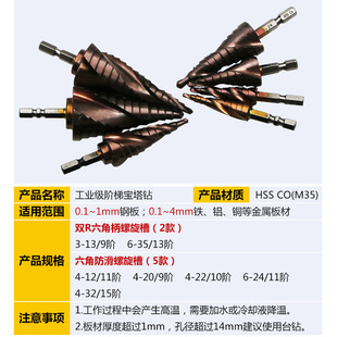 Co含钴材质高硬度阶梯钻六角柄宝塔钻头 不锈钢工业级开扩孔器M35
