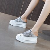 小个子 一脚蹬松糕鞋 女亮片无后跟鞋 夏季 子显高S包头拖鞋 外穿半