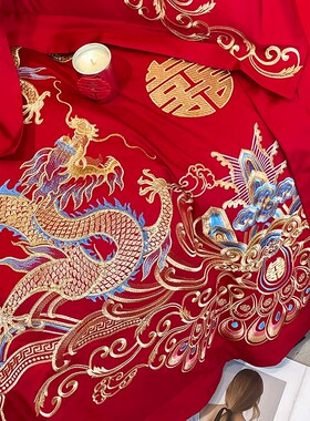 新中式18d0支长绒棉结婚四件套红色龙凤被套床单婚庆床上用品4