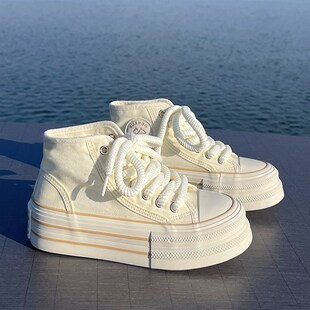 奶油白色厚底高帮帆布鞋女2025春季新款K百搭增高小白鞋休闲板鞋