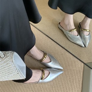 2025年新款尖头女平t底跟金属扣包头半拖后空单鞋凉拖鞋女外穿