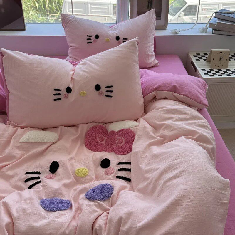 少女ins玫粉色可爱猫咪毛巾绣水洗棉四件套学生床S单被套三件套1.
