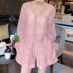 夏季新中式欧货时尚洋气高级感小洋D装国风绿色提花醋酸缎面套装