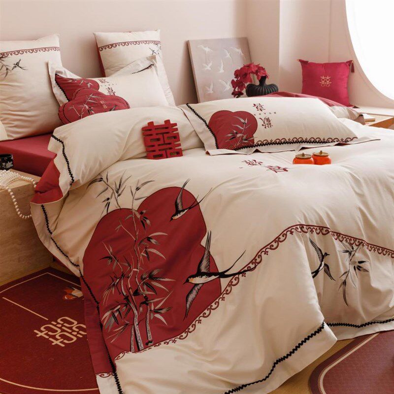 婚庆100支澳棉全棉四件套欢喜刺绣结婚房喜被套床X单床上用品4,床上用品,婚庆床品套件,淘宝优惠券,粉丝福利购,淘宝优惠卷