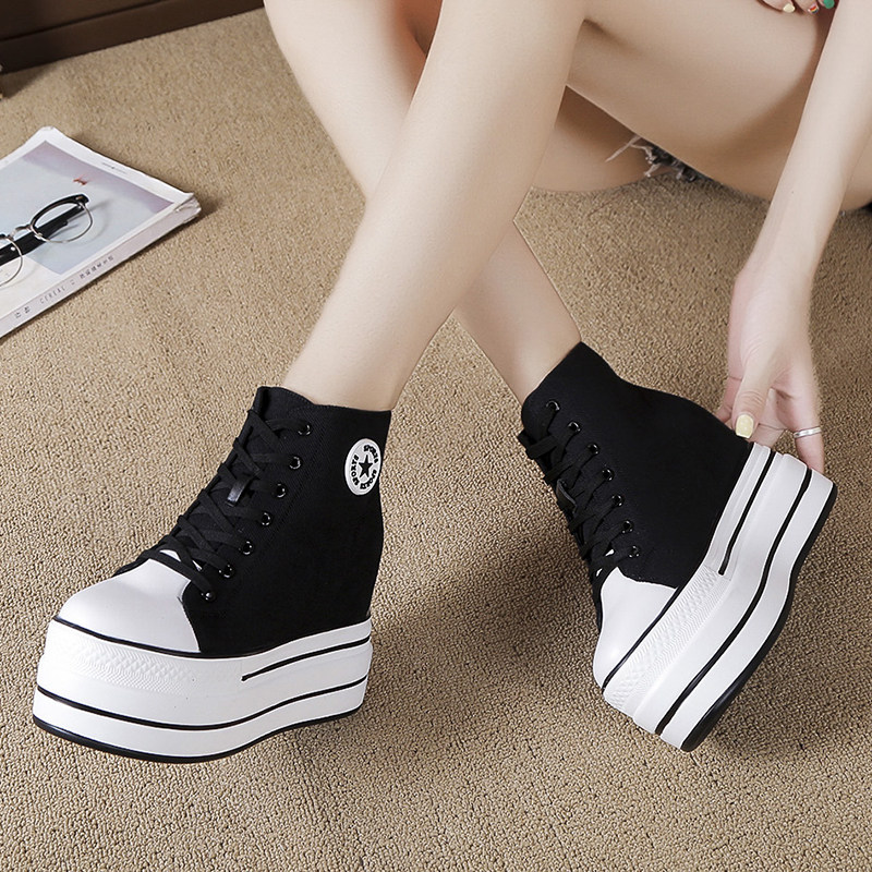 白色高帮帆布鞋女2021春秋新款百搭厚底松糕1N0cm内增高短靴女单,女鞋,高帮鞋,淘宝优惠券,粉丝福利购,淘宝优惠卷