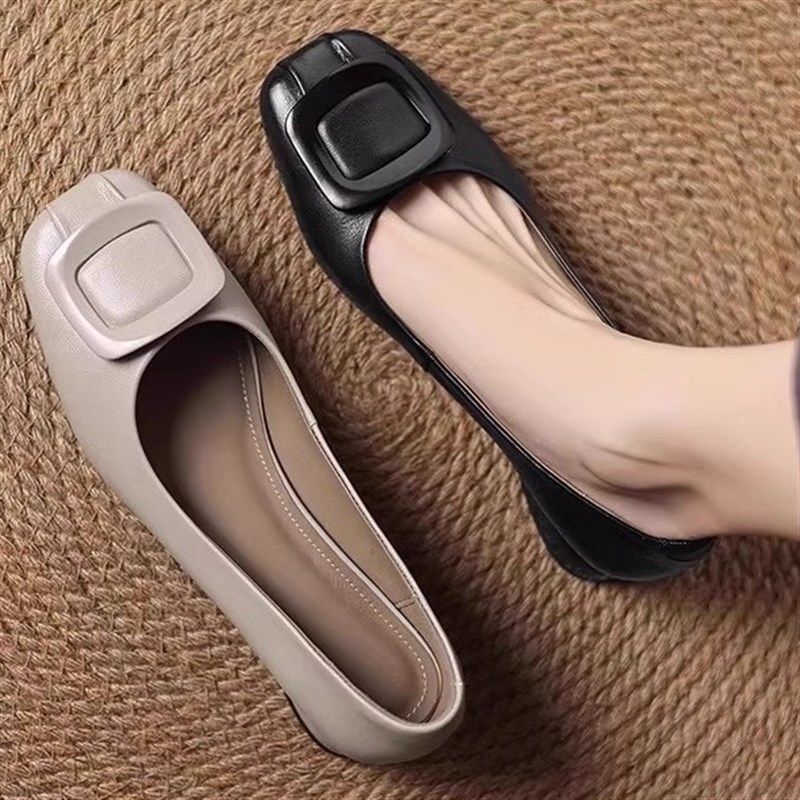 方头浅口方扣粗跟单鞋女2025春秋新款百搭低跟Q文艺范奶奶鞋豆豆,女鞋,浅口单鞋,淘宝优惠券,粉丝福利购,淘宝优惠卷