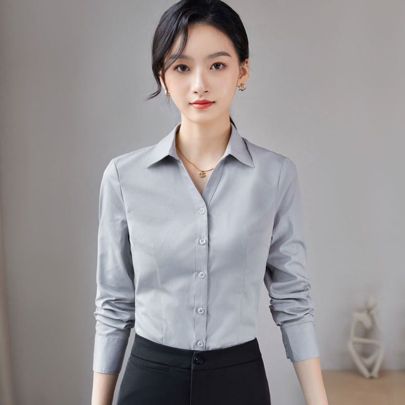 弹力浅灰衬衫女长袖职q业工作服气质工装免烫抗皱正装春秋V领衬衣