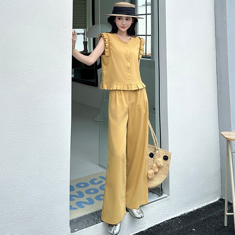 时尚洋气质套装女士2025夏季新款宽松木耳M边无袖阔腿裤时髦两件