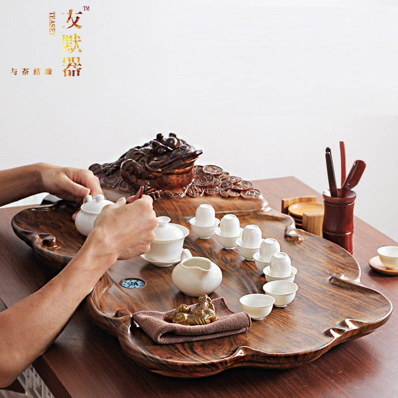 黑檀木整块实木茶盘家用大号酸枝功夫茶具茶海浮雕V茶台排水茶托