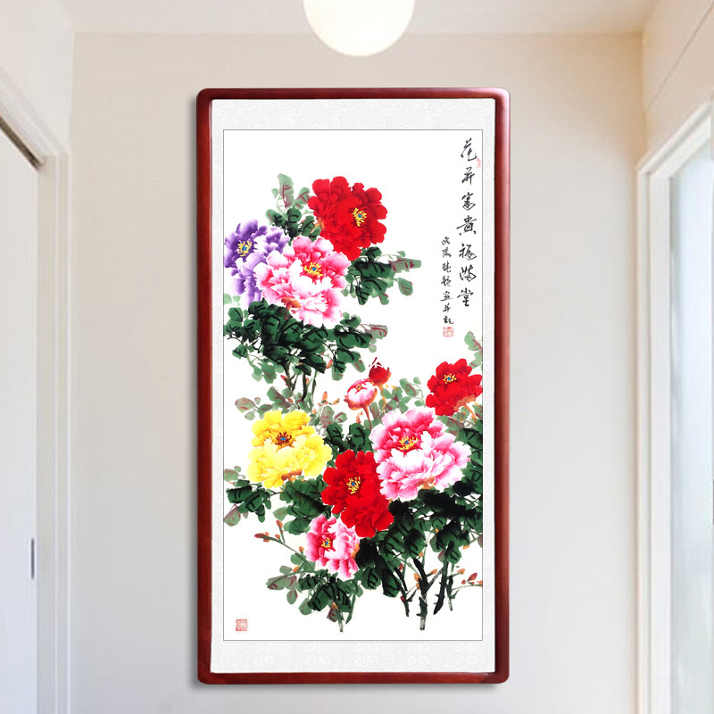 纯手绘国画洛阳牡丹画花开富贵卷轴挂画客厅玄关装饰竖.版有框字